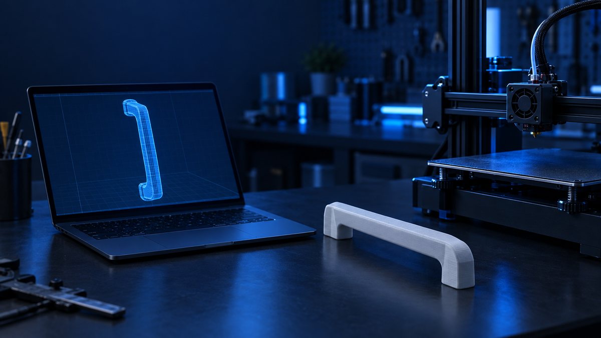 Ноутбук с 3D-моделью ручки от холодильника и напечатанная ручка рядом с 3D-принтером