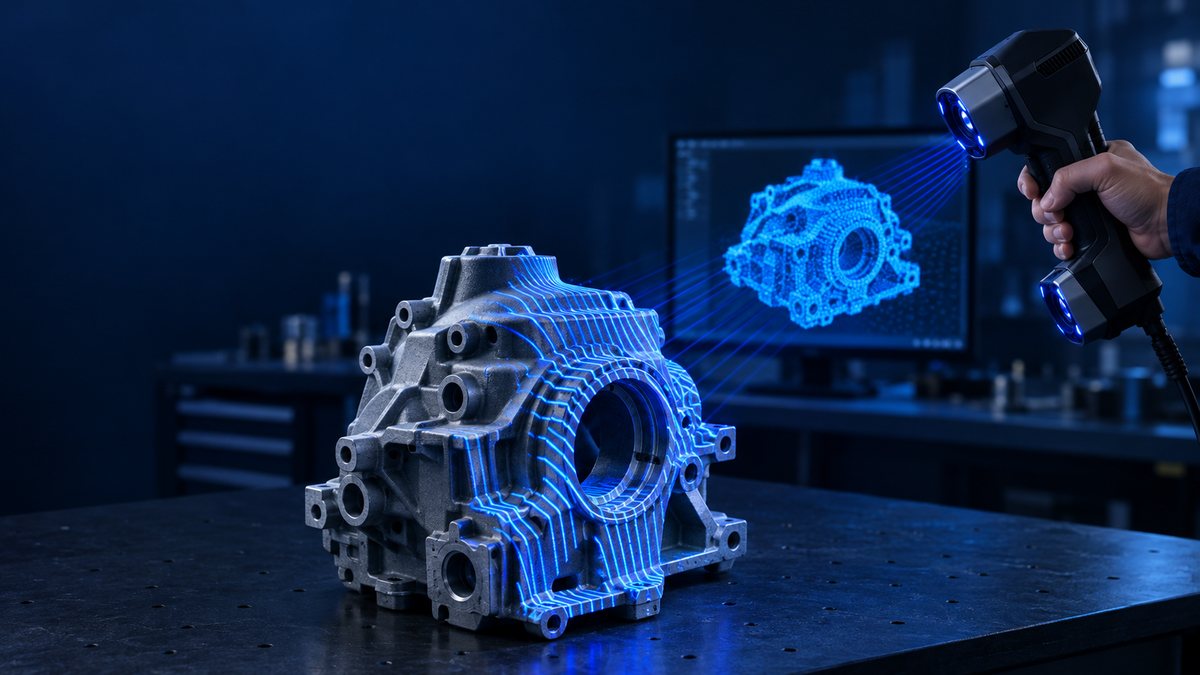 Ручной 3D-сканер проецирует полосы синего света на металлический корпус, на мониторе — облако точек детали