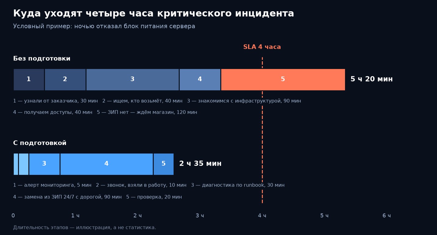 Как распределяются четыре часа критического инцидента без подготовки и с подготовкой