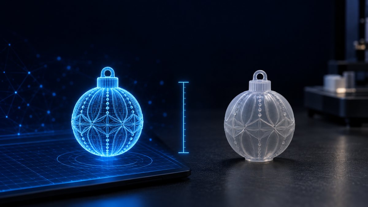Голографическая 3D-модель ёлочного шара на экране и тот же шар, напечатанный из фотополимера